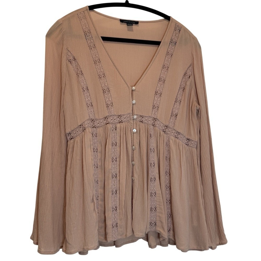 American Eagle XS Women Peach Pink Lace Peasant Boho Romantic Flowy Girly Blouse